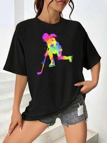 Camiseta de hockey para mujer | Camiseta de jugadora de hockey sobre hielo con acuarela abstracta | Camiseta gráfica deportiva para mujeres, adolescentes y jóvenes | Camiseta para fanáticas del hockey - Negro - Ver 1