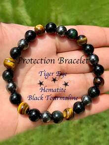 1 件波西米亚三重保护弹力手链，虎眼石和赤铁矿，黑色碧玺，弹性能量珠，男女通用幸运时尚珠宝，精神疗愈配饰礼物