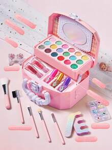 1pc Children Realistic Makeup Set, Girls Princess Makeup Carry Case, Performance Cosmetic Kit, Lip Gloss & Eyeshadow Gift Box, Makeup Treasure Chest Multilayer Gift Set, Girls Birthday Gift