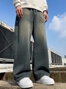 1 pieza Jeans hombre rectos y holgados con efecto desgastado y lavado vintage, pantalones vaqueros anchos y informales de estilo streetwear