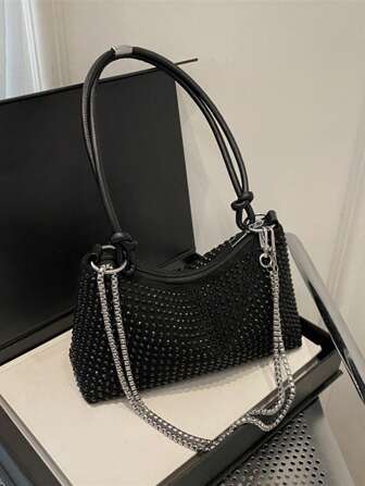 Women's Fashion Rhinestone Shoulder Bag, Casual Versatile Chain Underarm Crossbody Bag, Suitable For Outing, Travel, Shopping