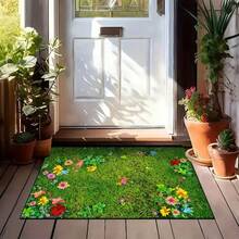 1 pieza Felpudo de bienvenida de terciopelo con flores, verde con flores multicolor, respaldo antideslizante, poliéster lavable a máquina, decoración polivalente para entrada, dormitorio, cocina, puertas del baño, felpudo de bienvenida al aire libre | Acento de piso vibrante | Felpudo de textura suave, felpudo de entrada al aire libre