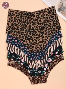 5 Pairs Women Seamless Hipster Panties, Assorted Colors, Leopard Digital Printing, Comfortable High Waist