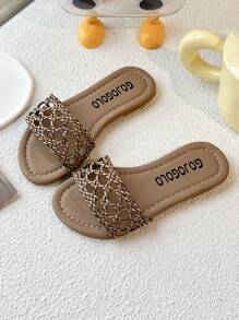 Sandalias planas de verano 2025 para niños, cómodas, de tejido dorado. Sandalias de dedo con diseño redondo para uso casual y holgazán para niñas