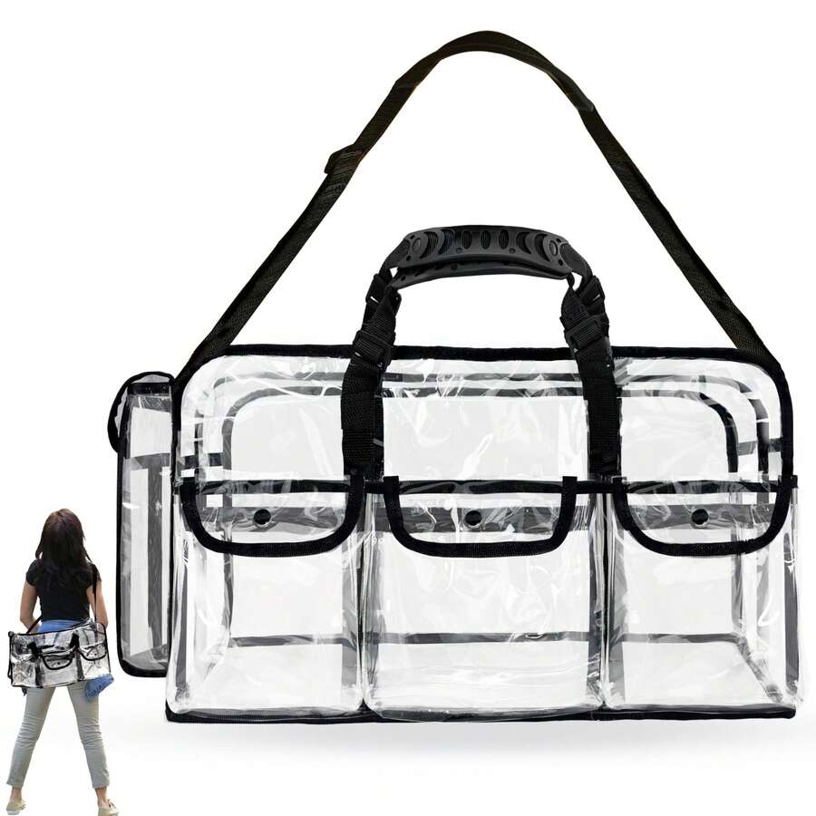 1pc Professional Large Capacity Transparent Cosmetic Storage Bag, High-Quality Cosmetic Bag With 6 External Pockets And Adjustable Shoulder Straps, Suitable For Nail Technicians And Artists To Go Out And Play On The Beach, Easy To Travel