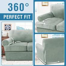 Sofa Cover 3 Piece T Cushion Loveseat Slipcovers Thick Velvet Couch Cover Stretch T Cushion Sofa Covers For 2 Cushion Couch With 2 Individual T Cushion Covers Washable, Stone Blue - 海草 - 查看 8