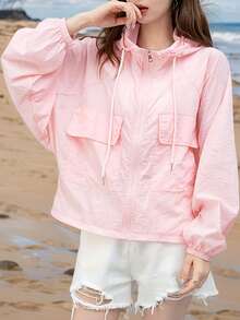 Women's Lightweight Pink Hooded Jacket - Breathable UV Protection, Long Sleeves, Casual Summer Jacket With Pockets, Polyester Fabric, Machine Washable, Lightweight Hooded | Loose Fit Jacket | Functional Pockets, Jackets