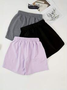 3 件套女式轻盈夏季抽绳腰短裤，带前口袋 - 休闲跑步、运动和居家穿着，灰色、淡紫色和白色
