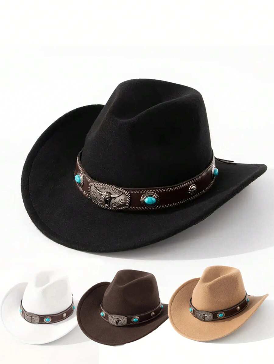 1pc Unisex Western Cowboy Hat With Removable Turquoise Bead Silver Cow Decor Band, Suitable For Party Gathering And Daily Wear