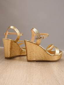 New Round Toe Beach High Heels, Solid Color Bohemian Fashion Woven Texture Metallic Women Shoes,Suitable For Vacation/Outdoor, All Season - Gold - View 6
