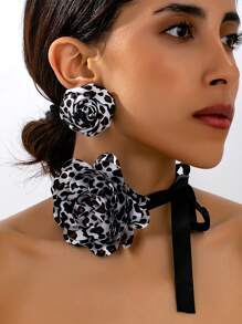 Set de 3 piezas de elegantes y encantadores pendientes, collar y joyería con estampado de leopardo y flores de rosa, adecuado para fiestas, banquetes, citas, regalo del Día de San Valentín para mujeres
