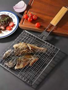 不锈钢烧烤架，方形可折叠烤架，多功能烤架夹，耐高温烤网，易抓握木质手柄，户外野餐烧烤配件，烹饪均匀，易于清洁，轻巧便携，适合户外烧烤、家庭聚会、露营，非常适合烧烤蔬菜、肉类、海鲜和各种食材，烧烤爱好者的必备工具（颜色随机） - 彩色 - 查看 2