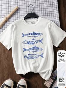 夏季女士宽松T恤，鱼图案，100%纯棉白色短袖印花T恤，返校季服装，校园穿搭灵感，返校必备单品，开学第一天穿搭，2026返校季休闲穿搭 - 白色 - 查看 1