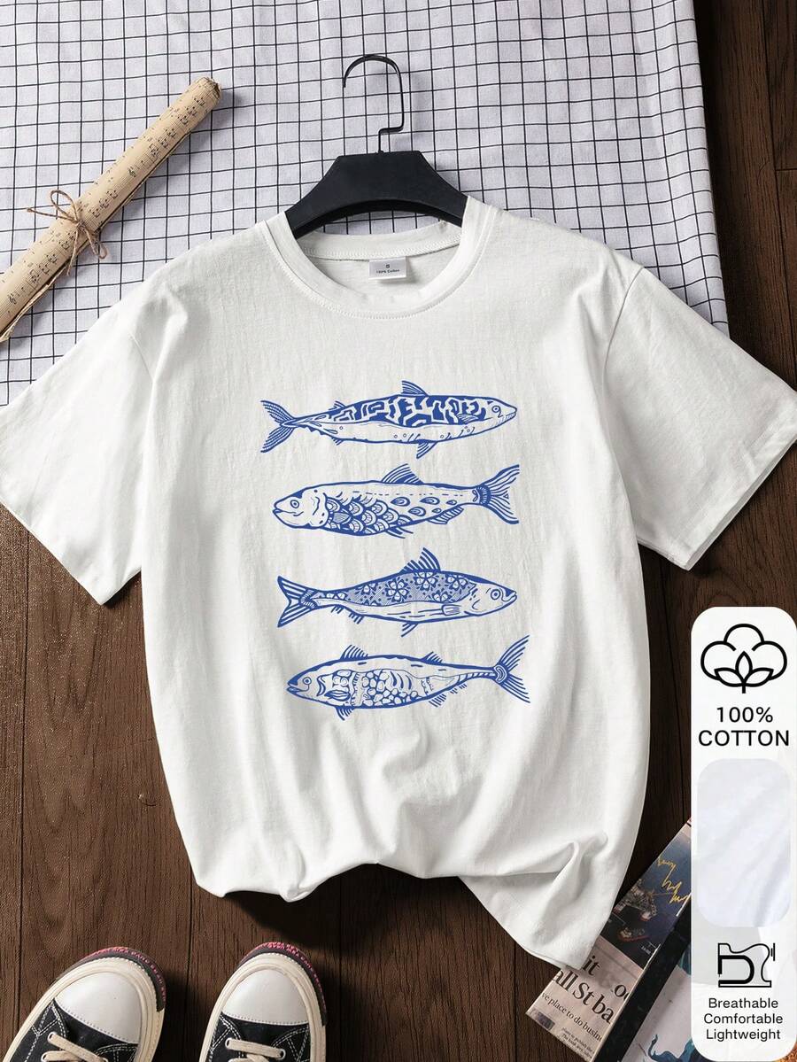 夏季女士宽松T恤，鱼图案，100%纯棉白色短袖印花T恤，返校季服装，校园穿搭灵感，返校必备单品，开学第一天穿搭，2026返校季休闲穿搭 - 白色 - 查看 1