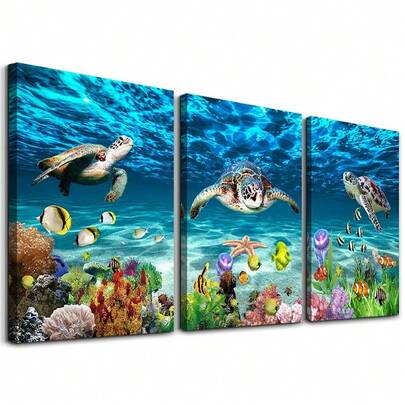 1/3 pezzi di arte da parete su tela per soggiorno di grandi dimensioni, decorazione murale per camera da letto, bagno, decorazione da ufficio, immagini moderne di squali, tartarughe dell'oceano blu, opere d'arte incorniciate o senza cornice