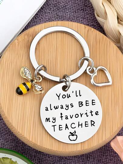 1pc Stainless Steel Bee & Heart Design Keychain, Great Gift For Favorite Teacher During Graduation Season, Teacher's Day, Thanksgiving