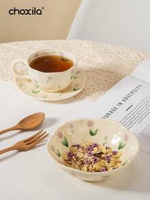 1件花卉陶瓷碗沙拉碗酸奶早餐碗水果碗晚餐碗手绘花碗，学校用品 - 花朵陶瓷碗 - 查看 2