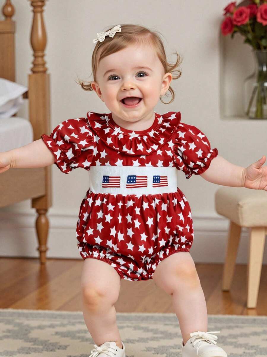 4th Of July Baby Girl Outfit Newborn Bubble Romper American Flag Bodysuit Fourth Of July USA Summer Clothes - Red - View 1