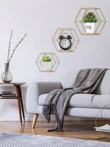 6件套六角形金属壁架，创意铁艺壁架，浮动金属储物架，现代金属墙壁收纳架，壁挂式装饰储物架，简约木质隔断架，适用于厨房、浴室、客厅、卧室、办公室、小空间（颜色和款式随机） - 黑色 - 查看 8