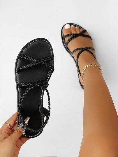 Sandalias planas de estilo casual con elementos cruzados trenzados, adecuadas para playa, ocio, primavera/verano, exteriores, campus, uso casual, en colores negro, marrón y blanco, para adolescentes/estudiantes