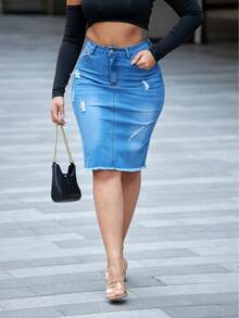 Women's Distressed Hem Pocket Sexy Denim Skirt - Light Wash - View 5