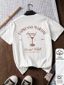 女士宽松T恤，印有浓缩咖啡马提尼和葡萄酒杯图案，100%纯棉，白色短袖，适合春节、马年、新年、情人节、情人节礼物、返校服装、校园穿搭灵感、返校必备单品、开学第一天穿搭、2026返校穿搭