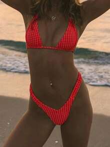 PEPPERMOLLY 新款格子柔软露背系带比基尼，女士夏季沙滩时尚泳装套装度假 - 紅色 - 查看 4