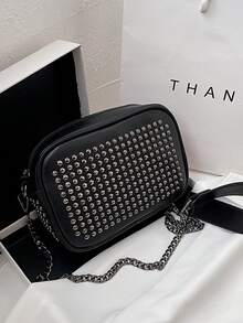 1 件女式复古铆钉装饰 PU 皮革单肩包，时尚百搭，适合派对、街头、婚礼 - 黑色 - 查看 4