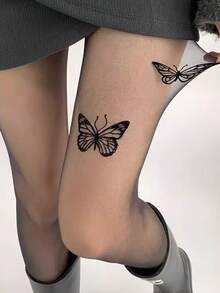 新款性感黑色双蝴蝶结透明连裤袜，时尚夜店紧身裤，电子女孩风，舒适 - 黑色 - 查看 3