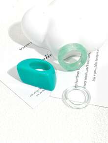 3件现代几何方形宽边绿色树脂戒指套装 - 3pcs - 查看 6