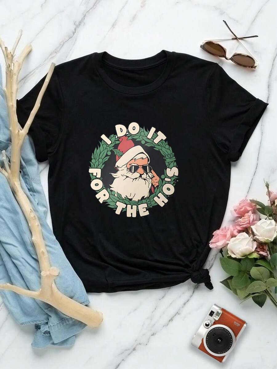 Camiseta divertida de Papá Noel para mujer, diseño navideño vintage, camiseta informal de cuello redondo, camiseta para fiesta navideña, moda, talla grande, manga corta, sin levantar, sin regalo - Negro - Ver 1