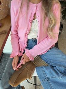 Cardigan lavorato a maglia dalle linee romantiche, con bottoni frontali, in colore rosa, design in pizzo, maglia casual, girocollo, manica lunga, adatto per uso quotidiano, vacanze, san valentino, giacca leggera