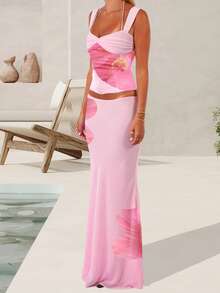 Women Two Piece Maxi Skirt Sets Y2k Sleeveless Crop Cami Top Ruffle Tiered Flowy Long Skirt Vacation Beach Outfits - 彩色 - 查看 2