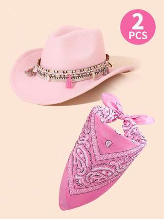 Set van 2 kinder cowboyhoeden en bandana's in westernstijl, cowboykostuum voor kinderen, effen zachte vilten hoed voor meisjes, geschikt voor vakanties, feestjes en uitstapjes.