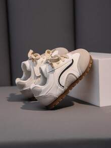 1 Pair White Children's Casual Sports Shoes, Leather Upper Breathable Kids Shoes, Comfortable & Fashionable Hook And Loop Closure, Suitable For All Seasons, Spring/Summer New Style, Boys/Girls Sneakers, Infant/Toddler Shoes, School Shoes - Beige - View 2