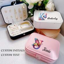 Caixa de joias personalizada e personalizável, dupla camada, grande capacidade, letra inicial personalizada, caixa organizadora de joias portátil para anéis, colares, brincos, estojo simples para joias, presente para namorada, mãe, madrinha