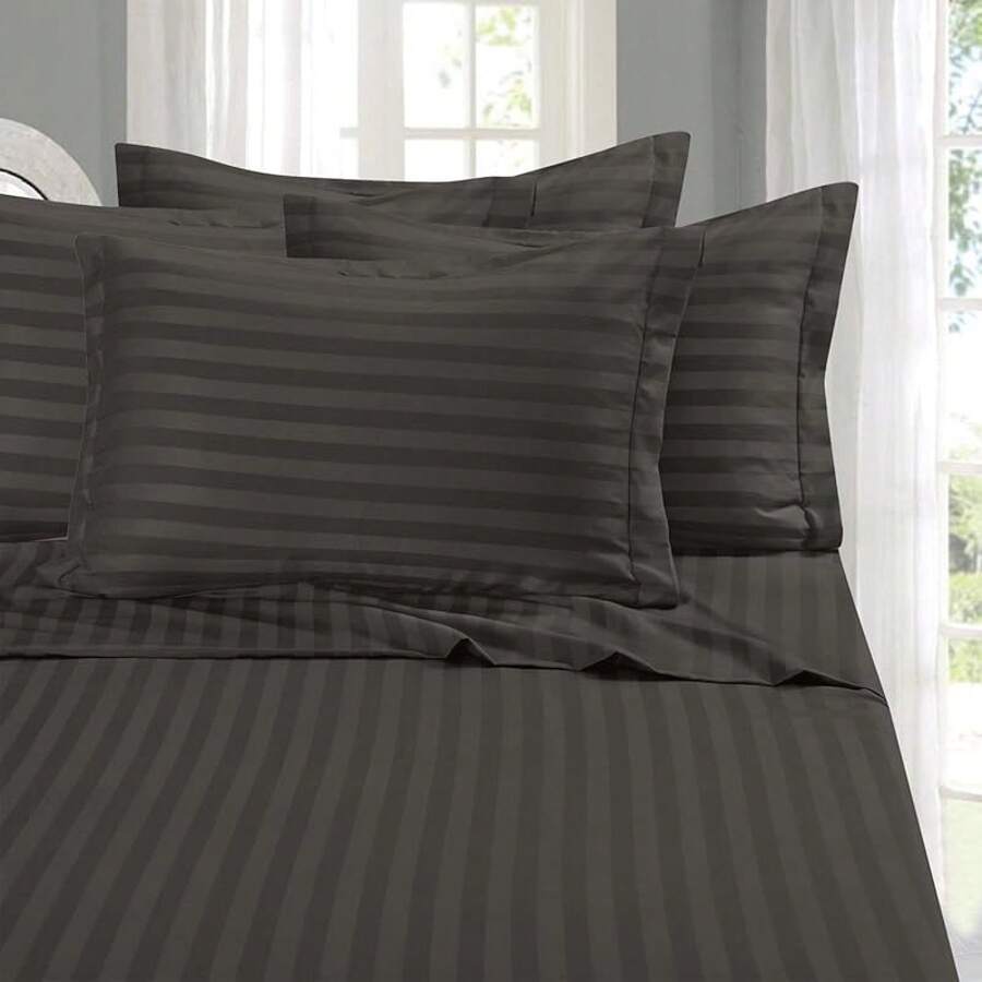 Elegant Comfort, Softest, Coziest 6-Piece Sheet Sets! 1500 Hotel Quality Luxurious Wrinkle Resistant Damask Stripe Bed Sheet Set, Black - Bedding 2025 - 灰色 - 查看 1