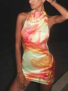 Women Floral Pirnt Halter Backless Mini Dress Bodycon Sexy Pary Short Dress Vacation Evening Club Prom Clothes - Light Yellow - View 3