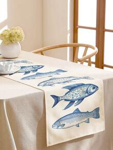 1pc Ocean Theme Printed Table Runner, 4/6/8pcs Ocean Printed Placemats, Suitable For Holidays, Parties, Birthdays, Dinners, Kitchen & Dining Room Decor, Year-Round Home Decoration, Table Linens - Blue and White - View 13