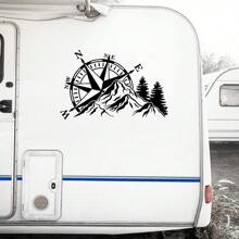 1 Pc Compass Mountain Forest Vinyl Decal, Waterproof Traveling Adventure Style Sticker For Off-Road Vehicle RV Camper Trailer Caravan