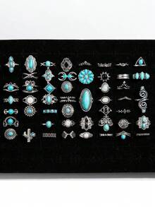 20Pcs/Lot Retro Bohemian Style Turquoise Rings For Women Mix Style Blue Artificial Stone Finger Jewelry Set Party Gifts Random Style - 20 Random Turquoise Pinky Rings - View 5