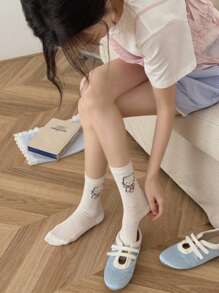 Sanrio 1Pair Sanrio Hello Kitty Women's Mid-Crew Socks | Mesh Cotton Summer Design With 3D Bow Accents (Grey/Blue/Cream), Breathable & Lightweight For Casual Wear, Kawaii Christmas Gift