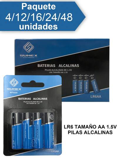 Caja de 4/12/16/24/48 Batería/Pila AA 1.5V ,Alcalina,  Alto Rendimiento Y Voltaje Estable,Especialmente indicado para linternas, juguetes, radios, mandos a distancia, despertadores, timbres.