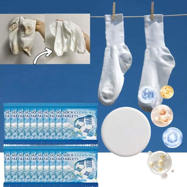 1 Stück/20 Stücke Socken Reinigungstabletten, effektiv für das Entfernen von Gelbflecken und Schmutz, weichen und reinigen von Socken, multifunktionale Reinigungstabletten (mit Natriumbicarbonat und Zitronensäure, starke Flecken- und Schmutzentfernung)