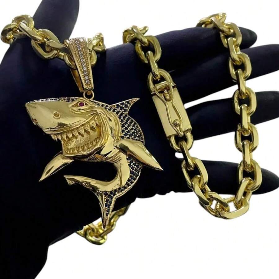 Cordão 12mm Cadeado + Pingente Tubarão - Banhado a ouro 18k