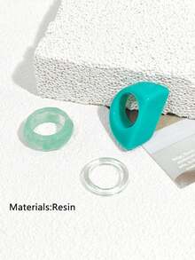 3件现代几何方形宽边绿色树脂戒指套装 - 3pcs - 查看 2