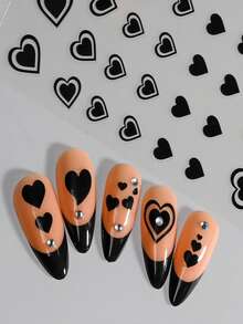 4 件 3D 心形指甲贴纸，黑色爱情情人节可爱卡通情侣自粘艺术贴纸，亮面 DIY 美甲配件美甲技巧 - 黑色 - 查看 4