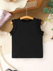 Set de 2 piezas elegante y de moda para niñas - Top de chaleco con volantes de unicolor y pantalones cortos vaqueros con parche decorativo de cintura elástica, adecuado para vacaciones, fiestas, uso casual y diario