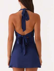 Women Y2k Halter Back Tie Up Bow Formal Mini Dress Cute Floral Backless Silk Satin Beach Vacation Short Dresses Summer Club Party Night Sundress - 藏蓝色 - 查看 2