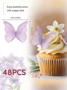 48/96 件装可食用蝴蝶蛋糕装饰，纸质蝴蝶纸杯蛋糕装饰，仙女主题生日蛋糕装饰，适用于结婚纪念日、婴儿派对、生日派对装饰、春夏蛋糕装饰 - 紫色 - 查看 4